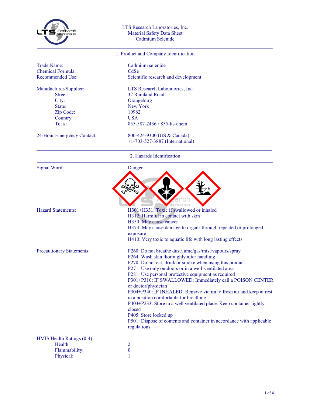 Material Safety Data Sheet Cadmium Selenide ––––––––––––––––––––––––––––––––––––––––––––––––––––––––––––––––––––––––––––––––––––––––––––– 1