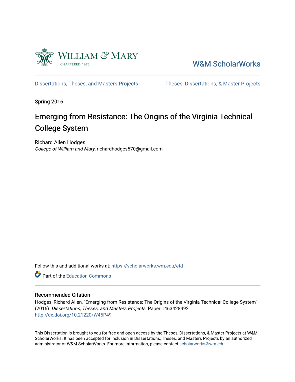 The Origins of the Virginia Technical College System