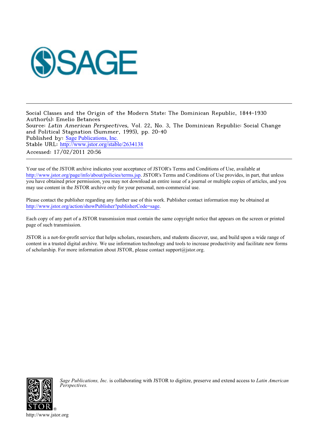 Social Classes and the Origin of the Modern State: the Dominican Republic, 1844-1930 Author(S): Emelio Betances Source: Latin American Perspectives, Vol