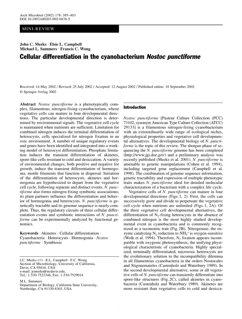 Cellular Differentiation in the Cyanobacterium Nostoc Punctiforme