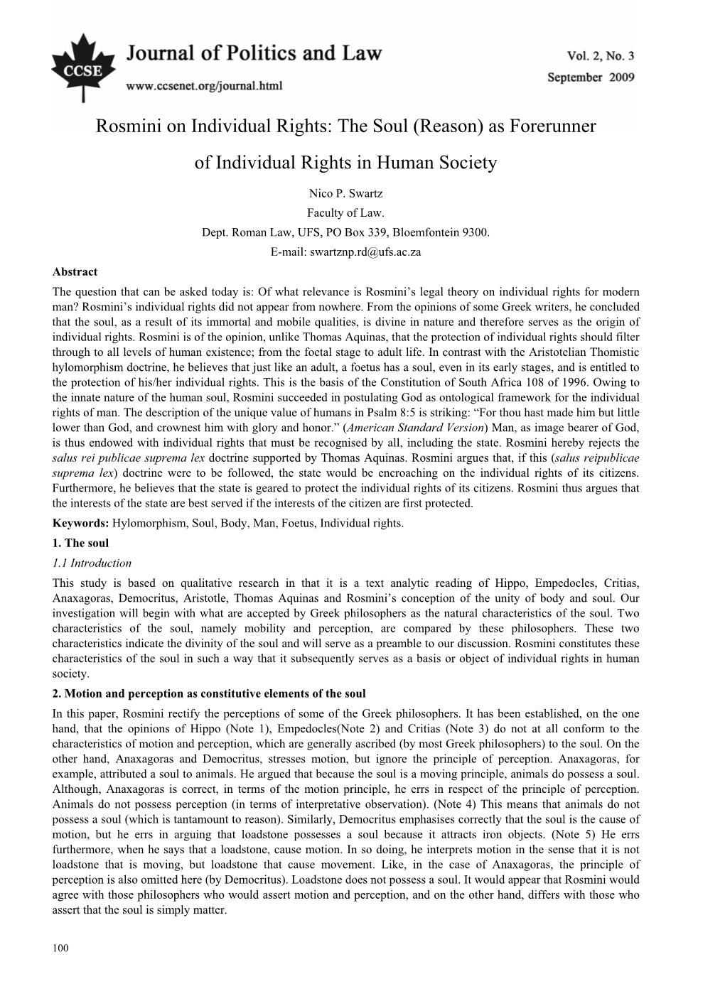 Rosmini on Individual Rights: the Soul (Reason) As Forerunner of Individual Rights in Human Society