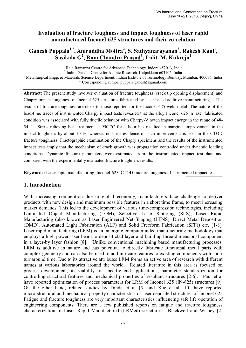 Evaluation of Fracture Toughness and Impact Toughness of Laser Rapid Manufactured Inconel-625 Structures and Their Co-Relation