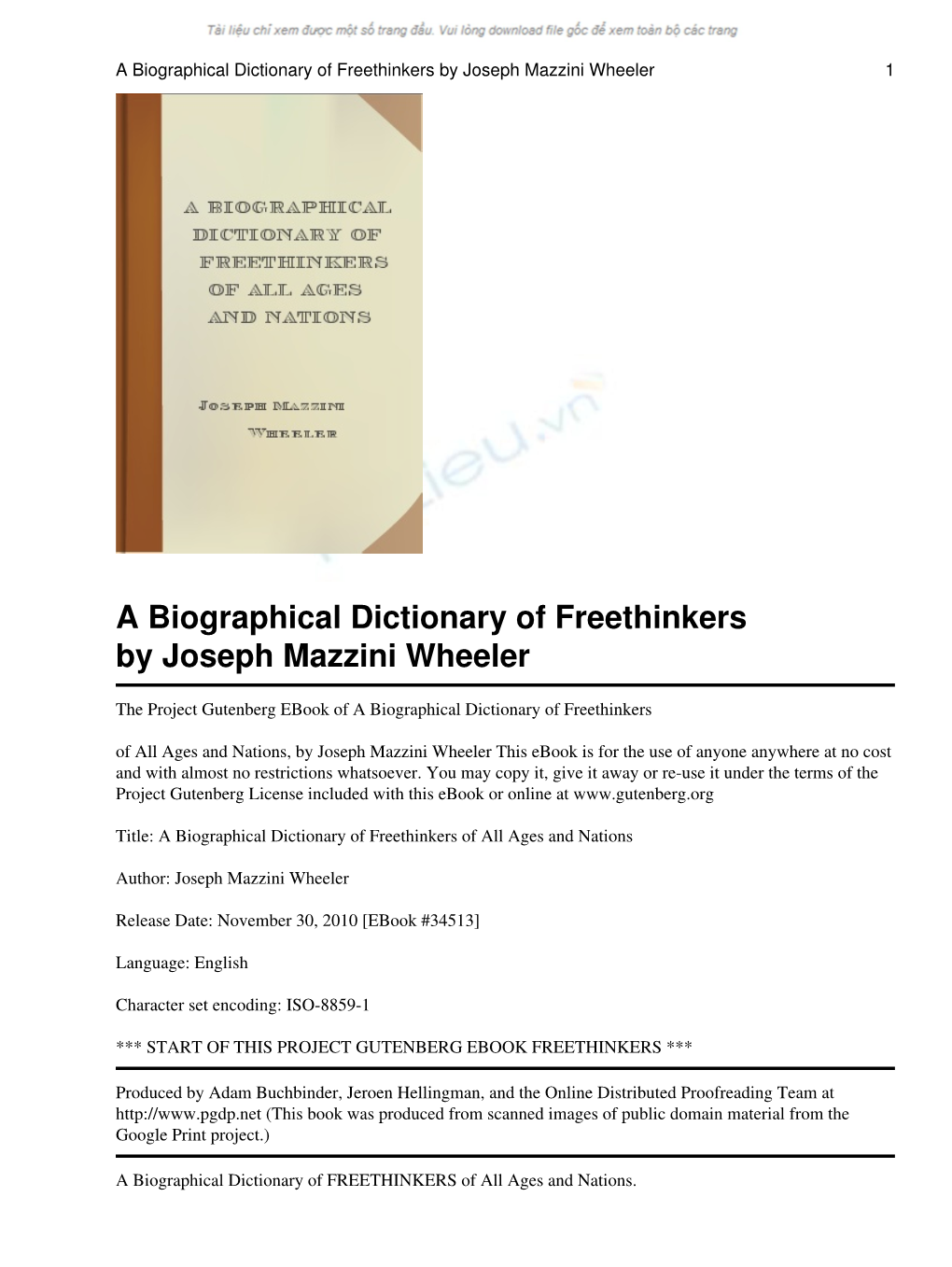 A Biographical Dictionary of Freethinkers by Joseph Mazzini Wheeler 1