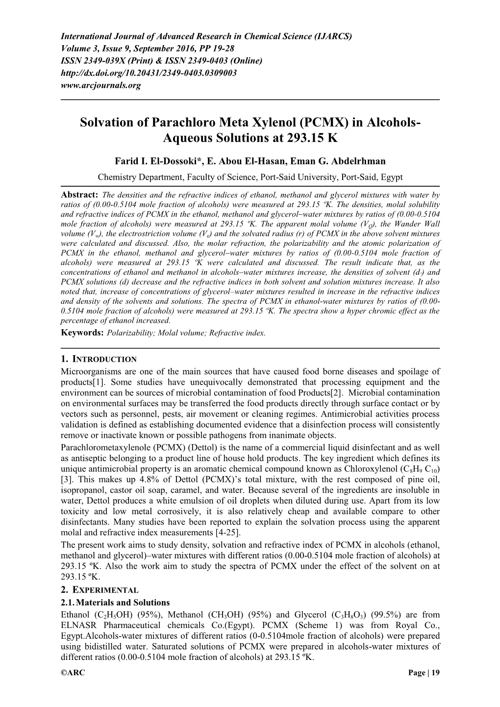 (PCMX) in Alcohols- Aqueous Solutions at 293.15 K