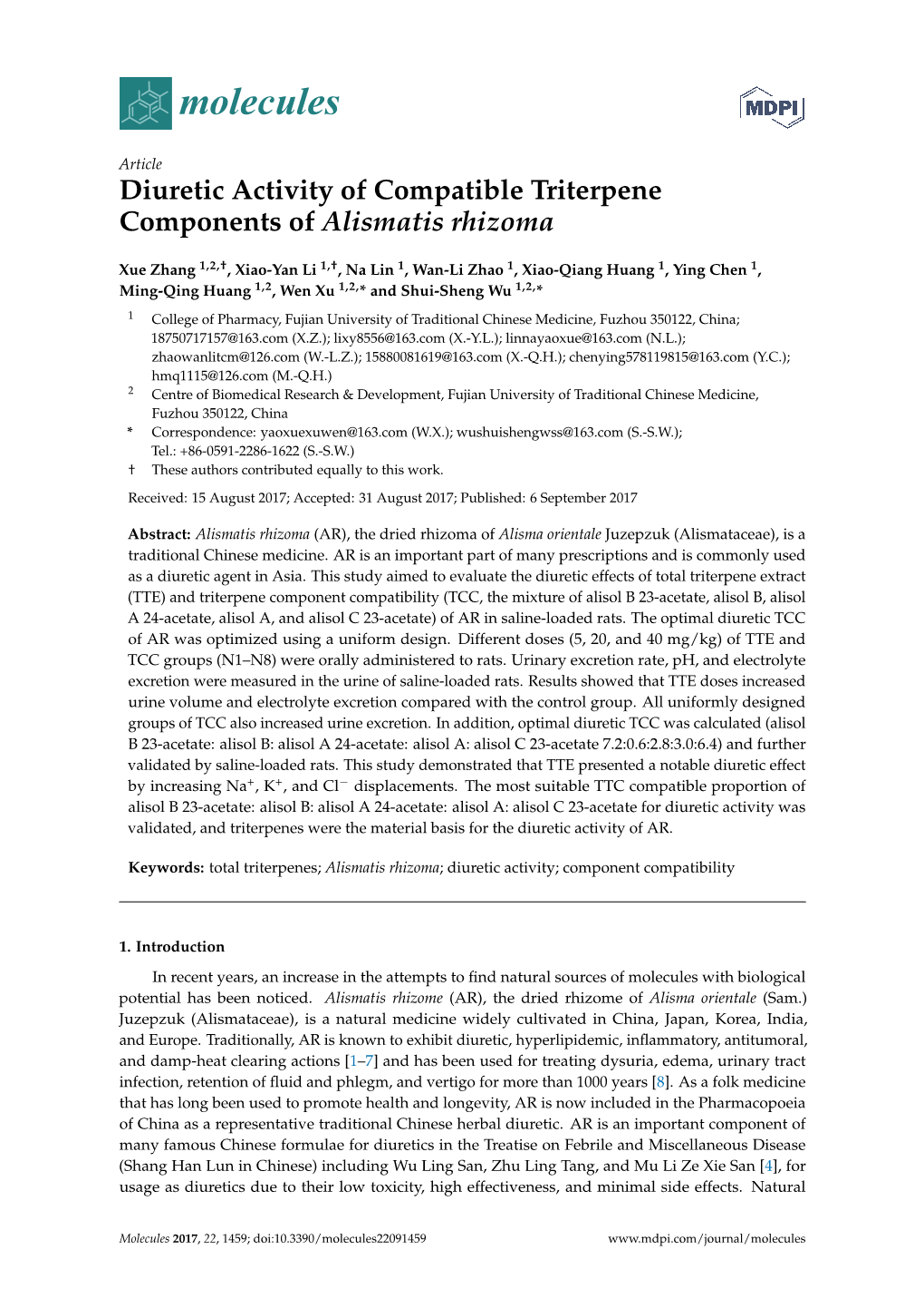 Diuretic Activity of Compatible Triterpene Components of Alismatis Rhizoma
