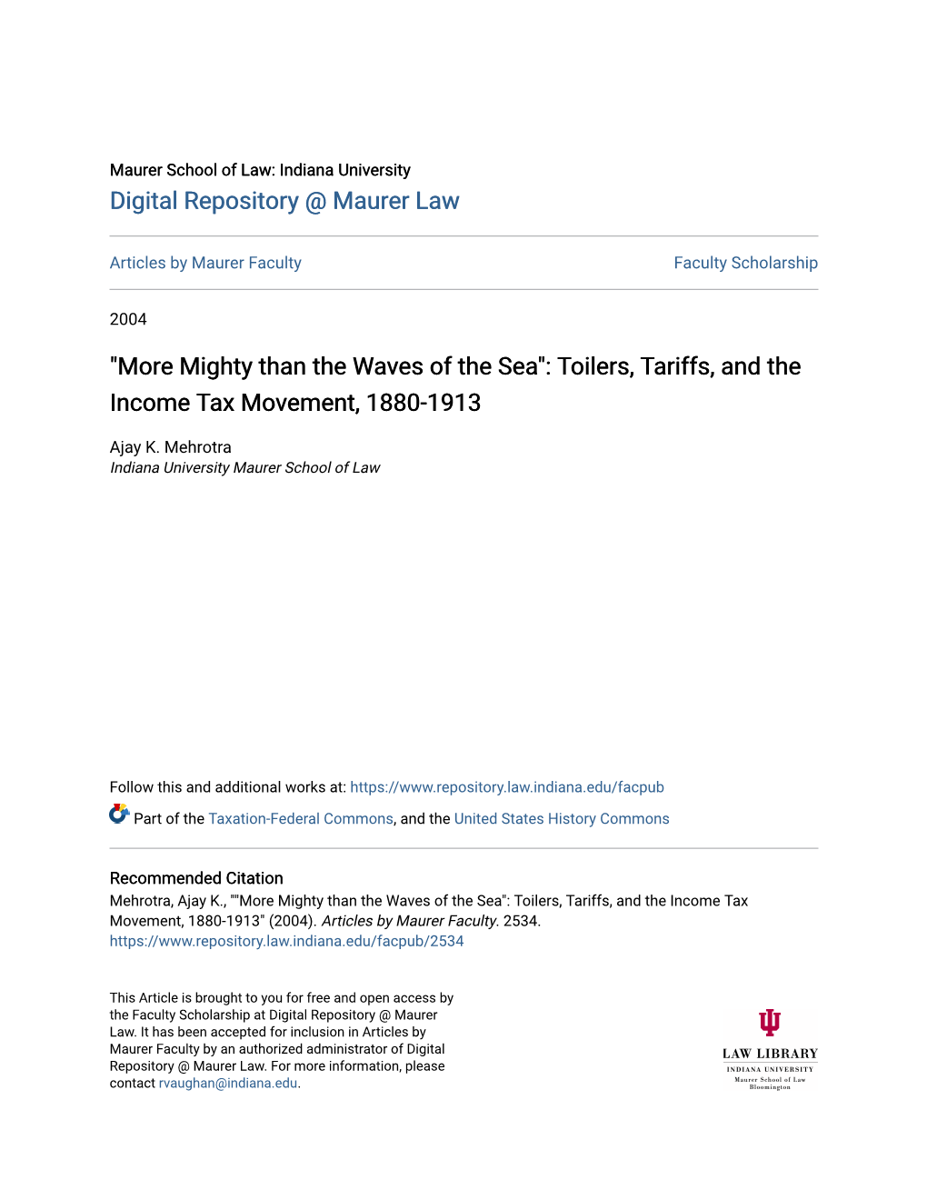 Mighty Than the Waves of the Sea": Toilers, Tariffs, and the Income Tax Movement, 1880-1913