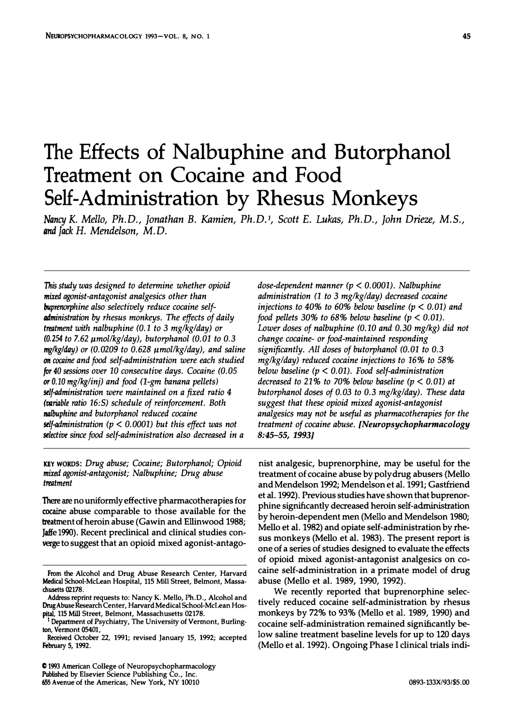 The Effects of Nalbuphine and Butorphanol Treatment on Cocaine and Food Self-Administration by Rhesus Monkeys Nancy K