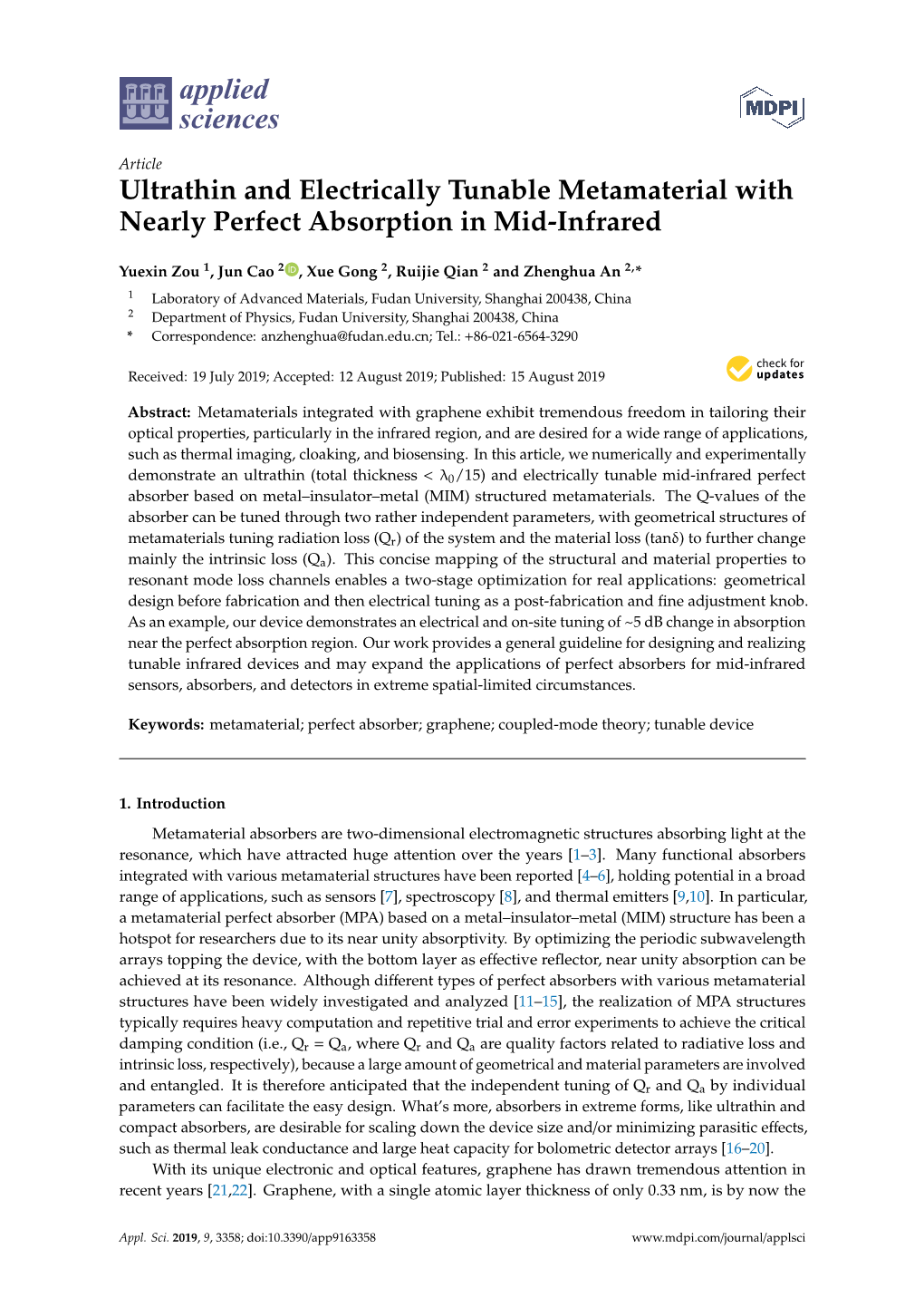 Ultrathin and Electrically Tunable Metamaterial with Nearly Perfect Absorption in Mid-Infrared