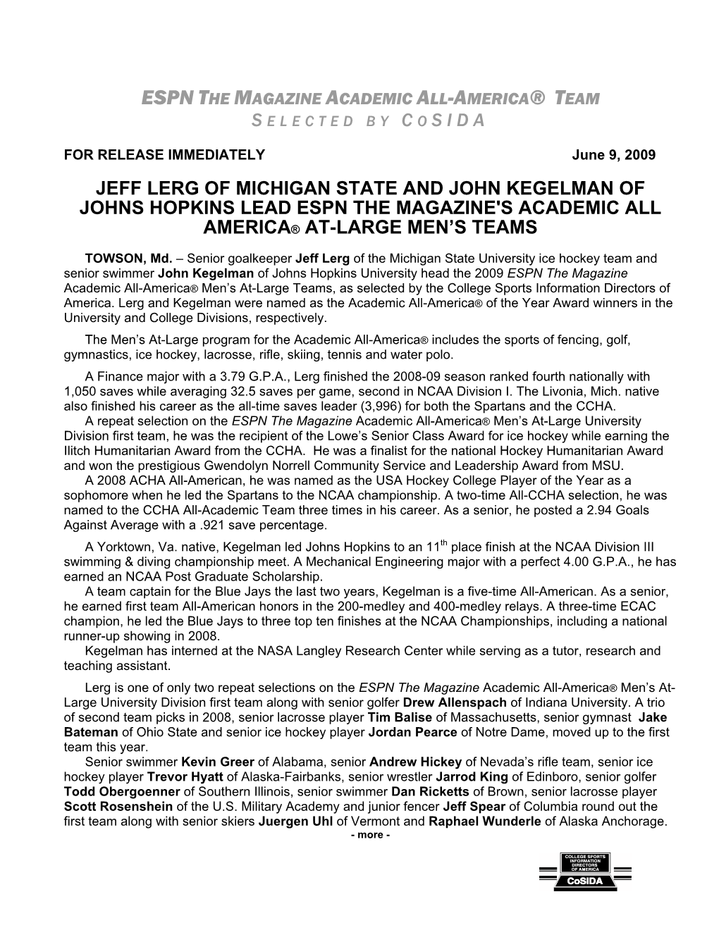 Jeff Lerg of Michigan State and John Kegelman of Johns Hopkins Lead Espn the Magazine's Academic All America® At-Large Men's