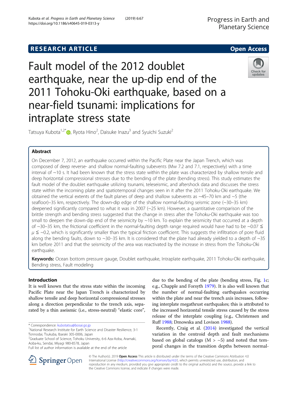 Fault Model of the 2012 Doublet Earthquake, Near the Up-Dip End Of