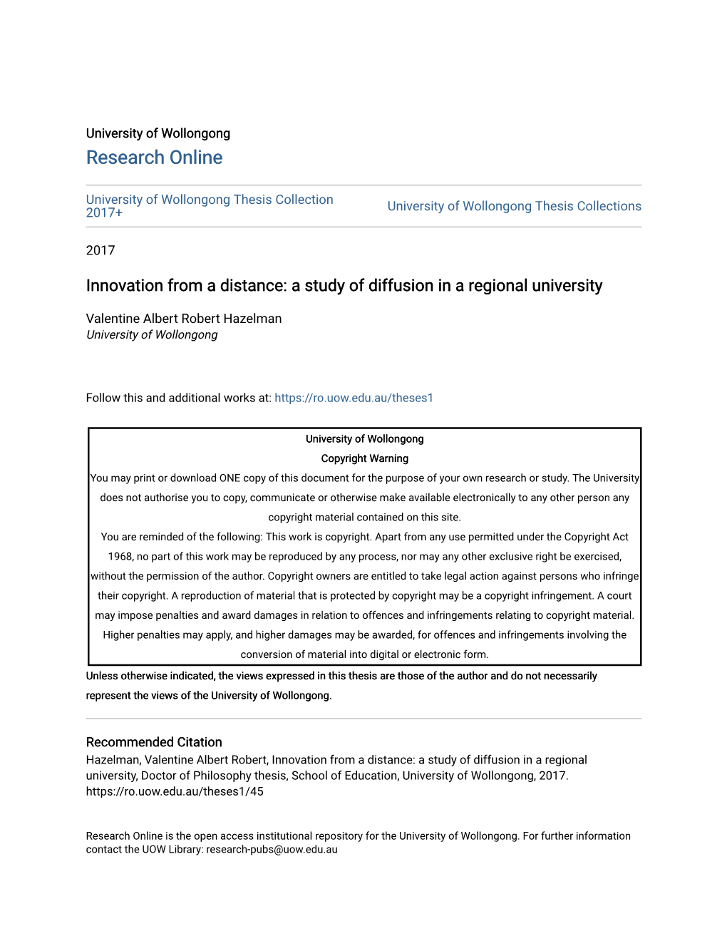 Innovation from a Distance: a Study of Diffusion in a Regional University