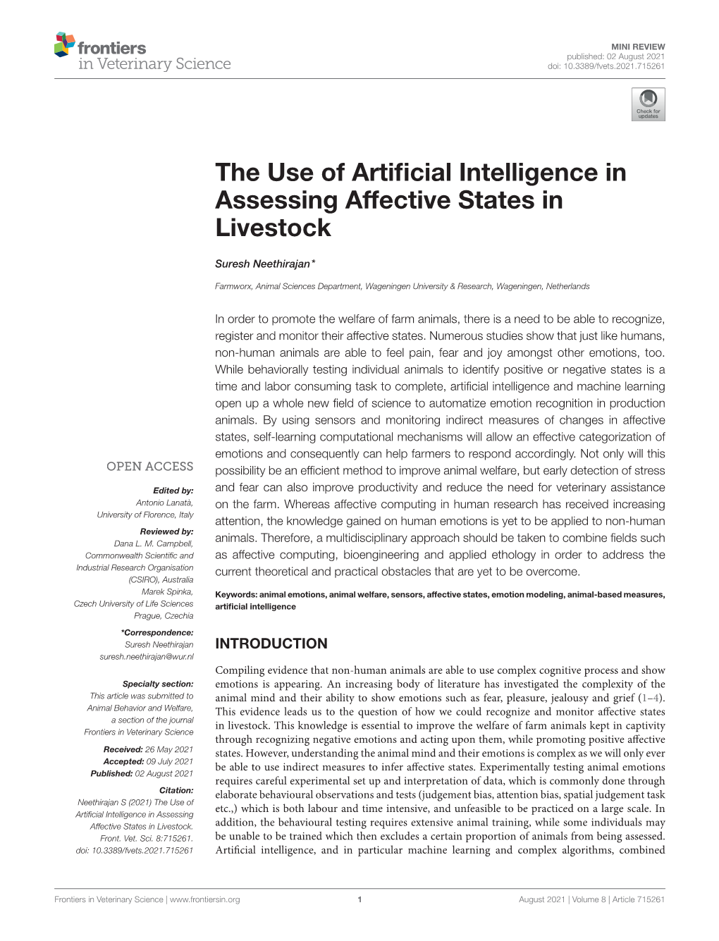 The Use of Artificial Intelligence in Assessing Affective States in Livestock