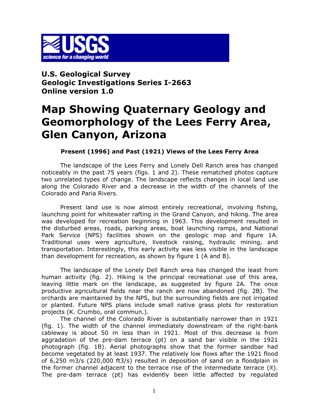 Map Showing Quaternary Geology and Geomorphology of the Lees Ferry Area, Glen Canyon, Arizona