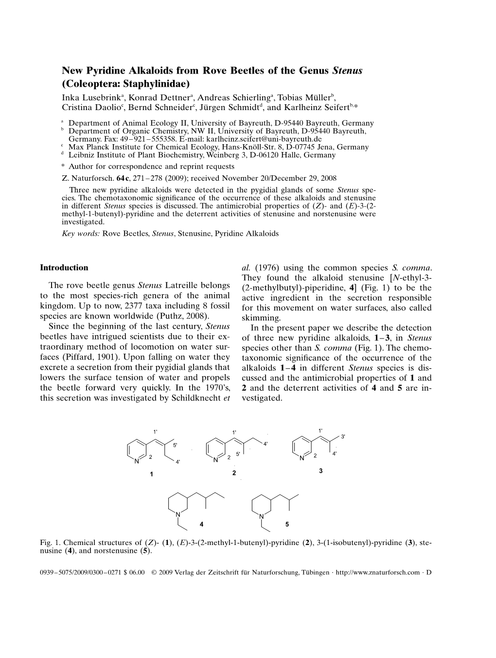 New Pyridine Alkaloids from Rove Beetles of the Genus