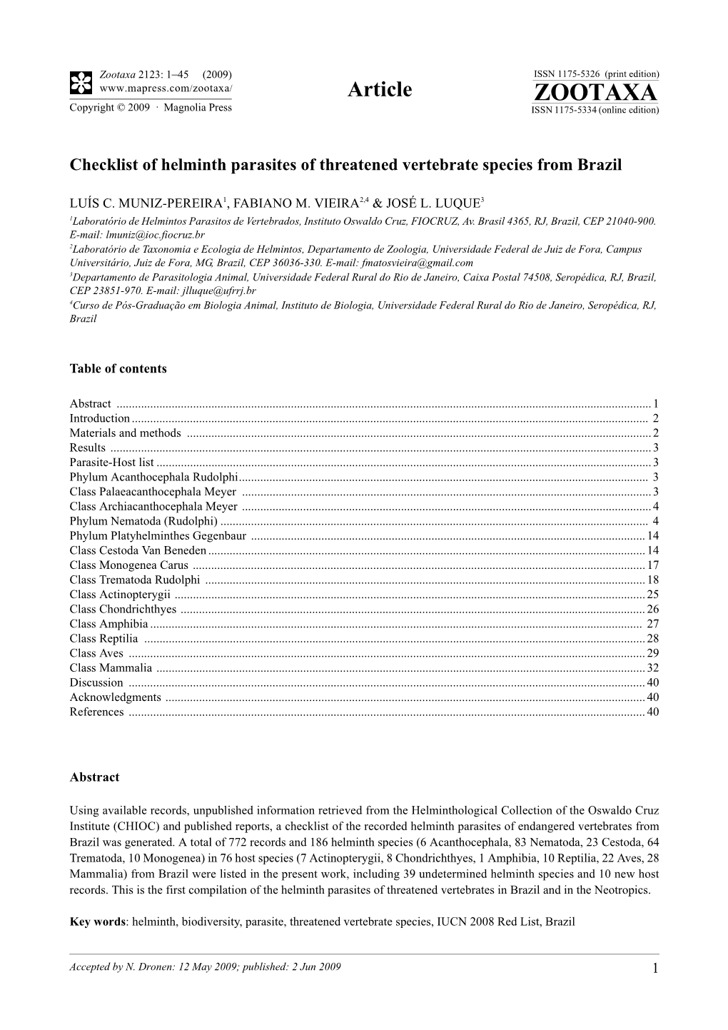 Zootaxa 2123: 1–45 (2009) ISSN 1175-5326 (Print Edition) Article ZOOTAXA Copyright © 2009 · Magnolia Press ISSN 1175-5334 (Online Edition)