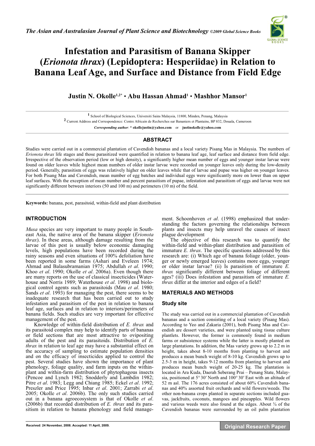 Erionota Thrax) (Lepidoptera: Hesperiidae) in Relation to Banana Leaf Age, and Surface and Distance from Field Edge