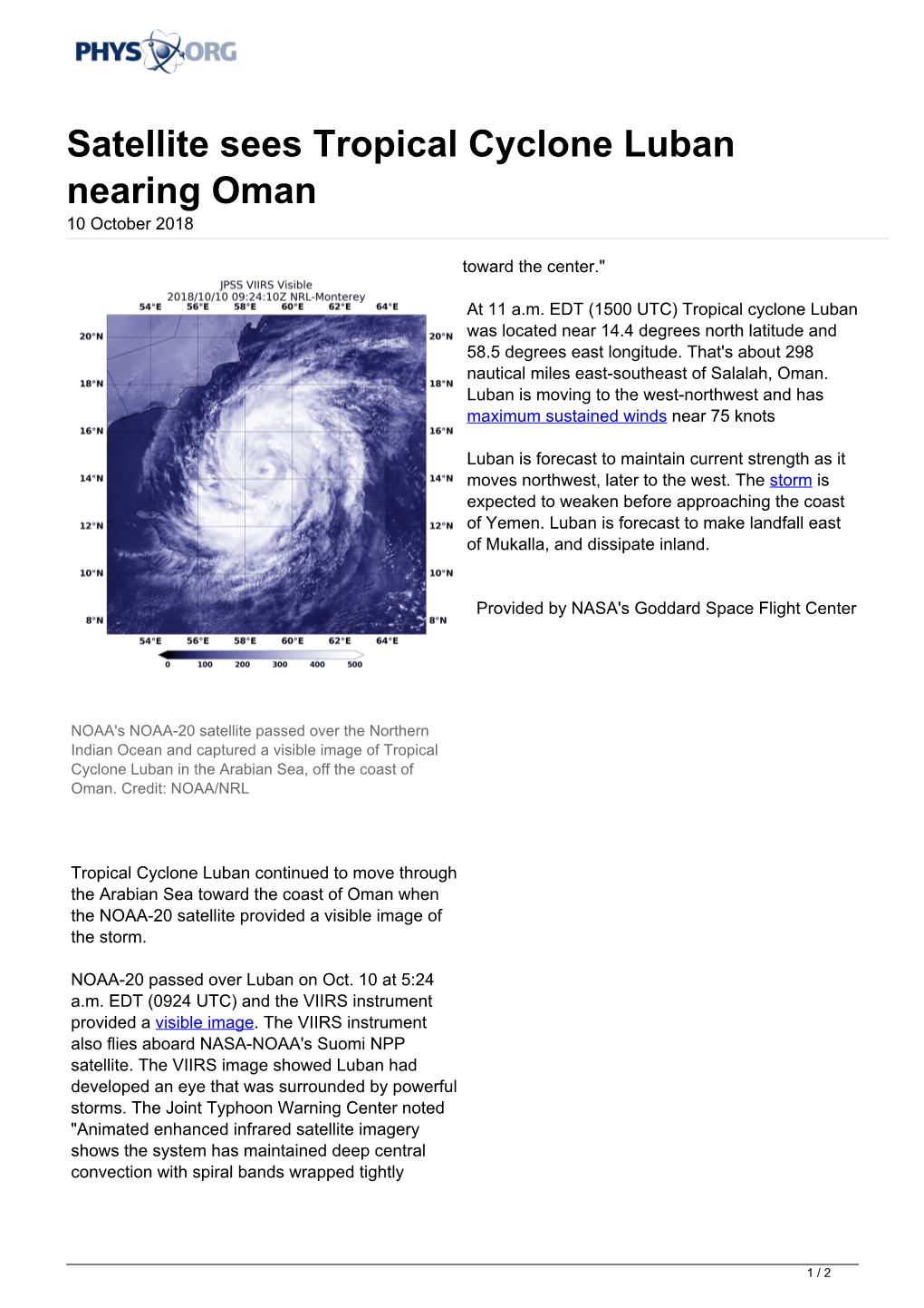 Satellite Sees Tropical Cyclone Luban Nearing Oman 10 October 2018