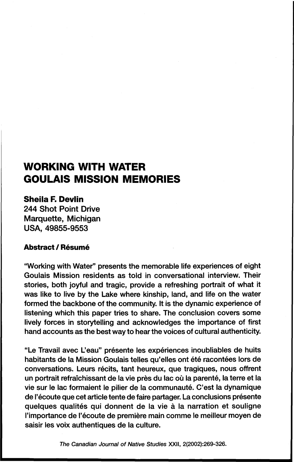 Working with Water Goulais Mission Memories