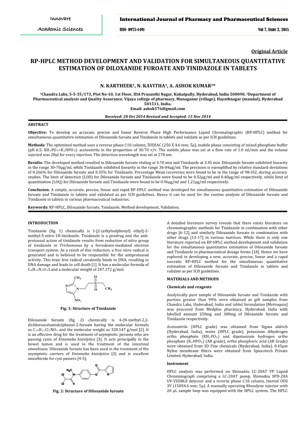 Rp-Hplc Method Development and Validation for Simultaneous Quantitative Estimation of Diloxanide Furoate and Tinidazole in Tablets