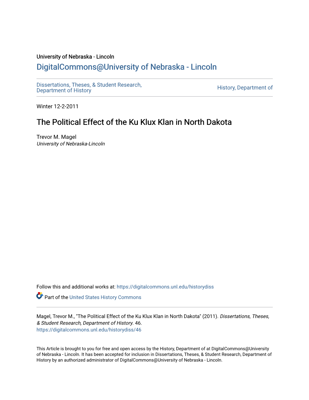 The Political Effect of the Ku Klux Klan in North Dakota