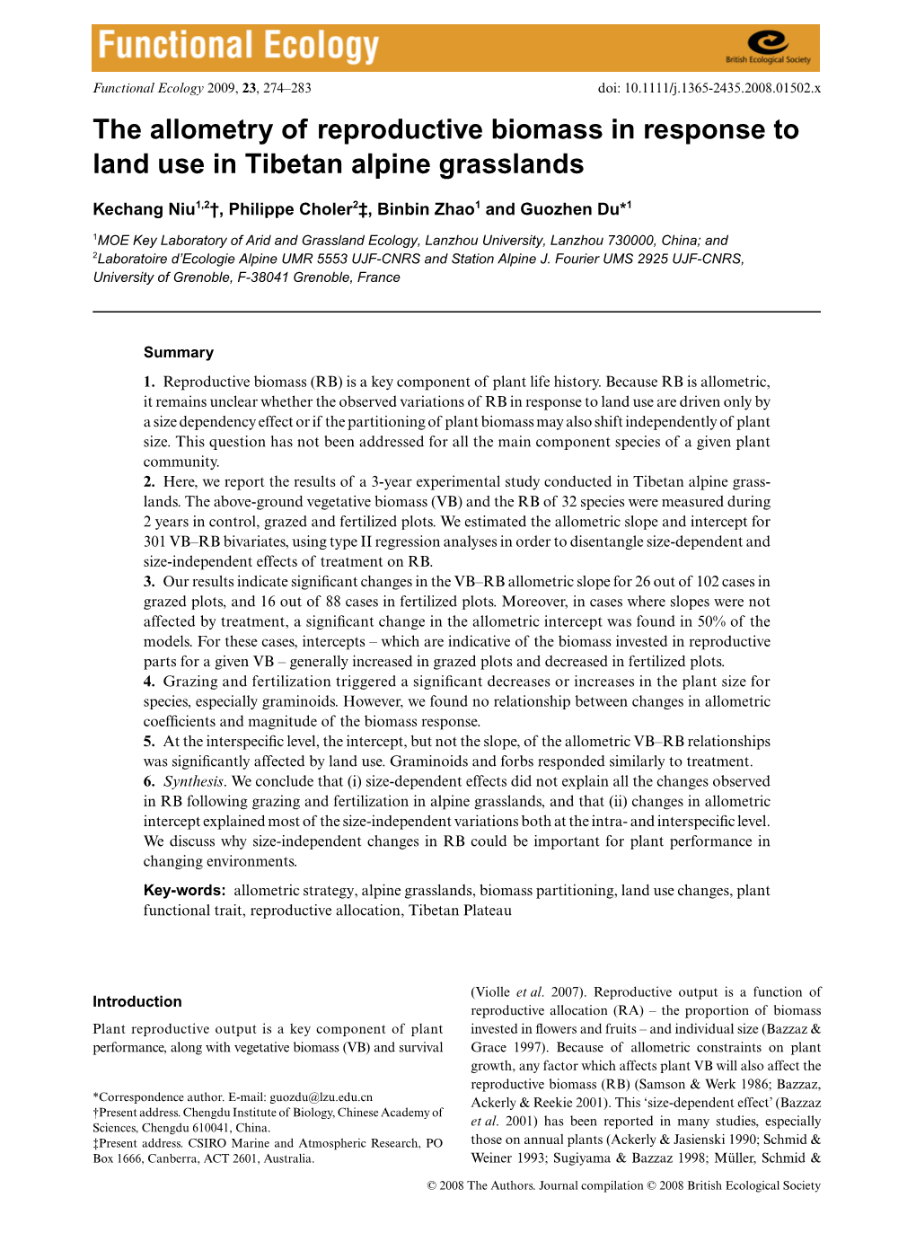 The Allometry of Reproductive Biomass in Response to Land Use in Tibetan Alpine Grasslands