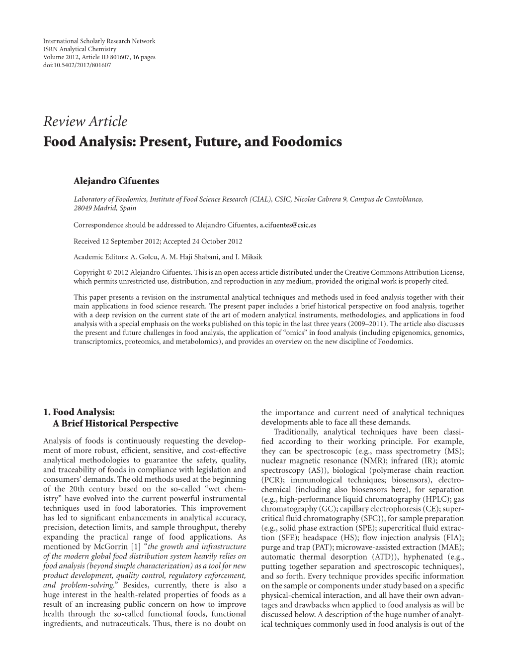 Food Analysis: Present, Future, and Foodomics