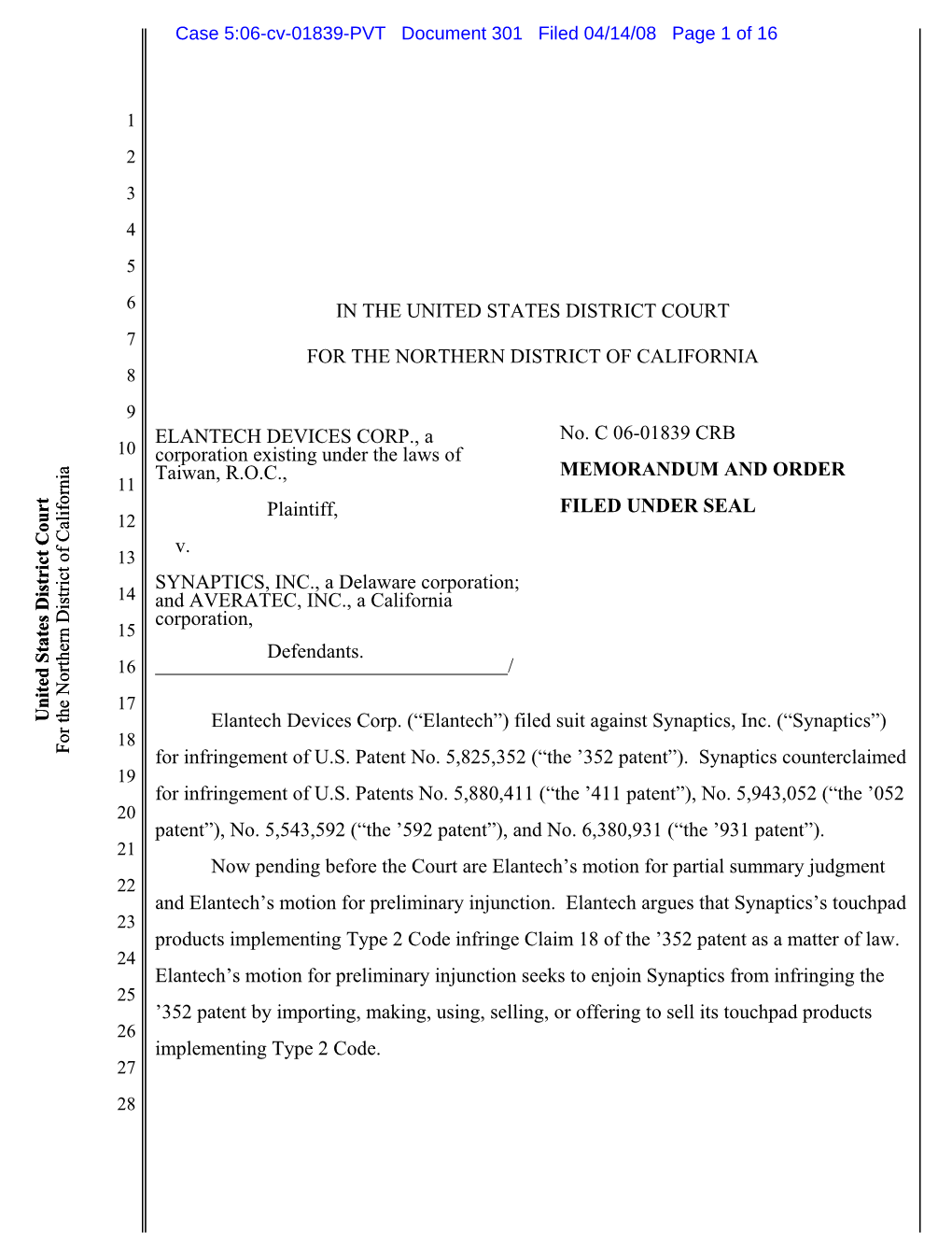 Case 5:06-Cv-01839-PVT Document 301 Filed 04/14/08 Page 1 of 16