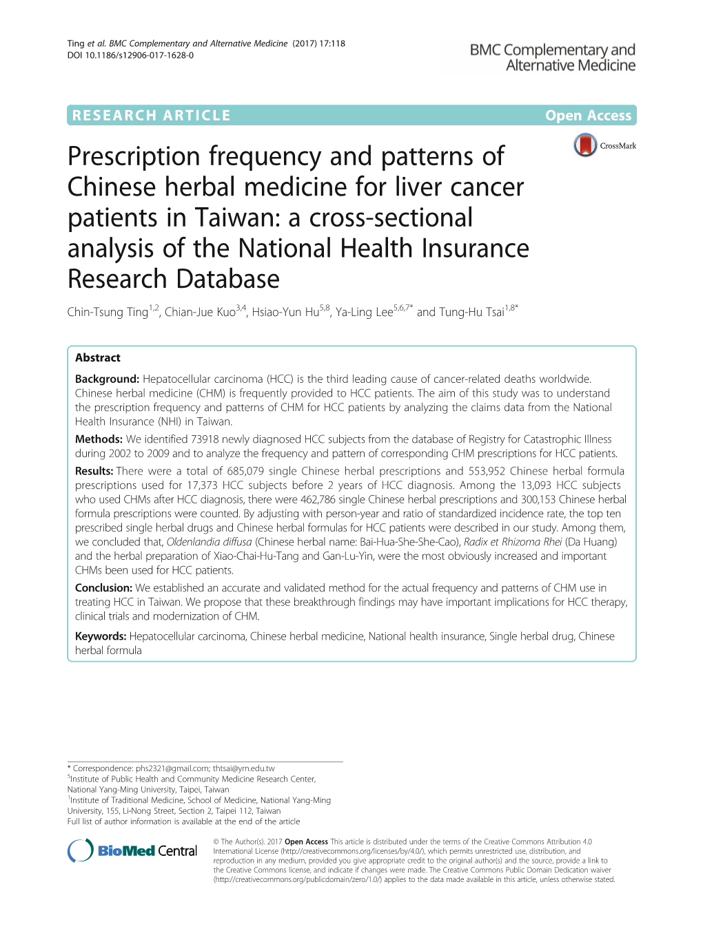 Prescription Frequency and Patterns of Chinese Herbal Medicine for Liver