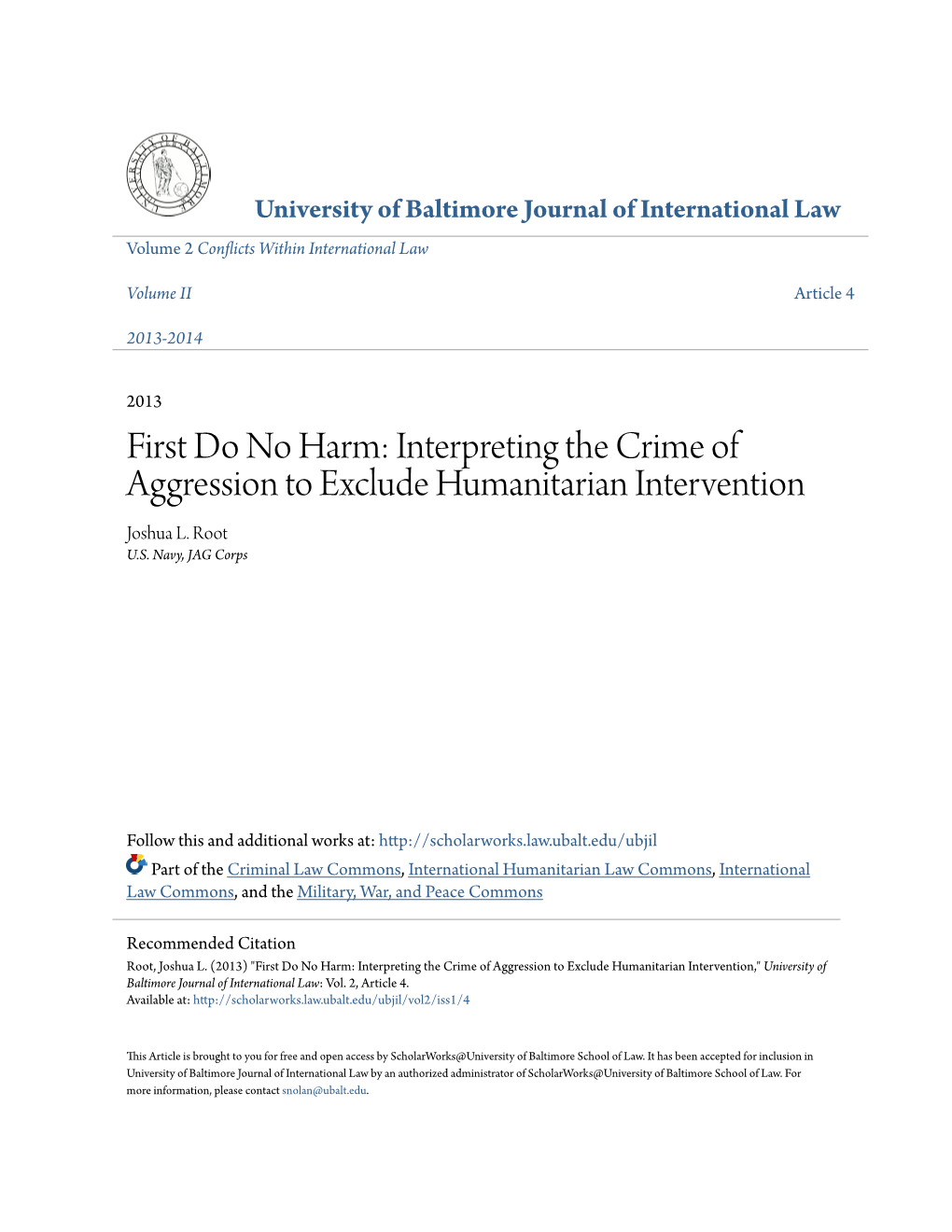 Interpreting the Crime of Aggression to Exclude Humanitarian Intervention Joshua L