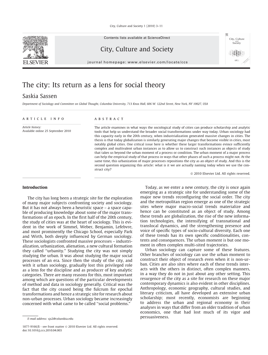 The City: Its Return As a Lens for Social Theory Saskia Sassen