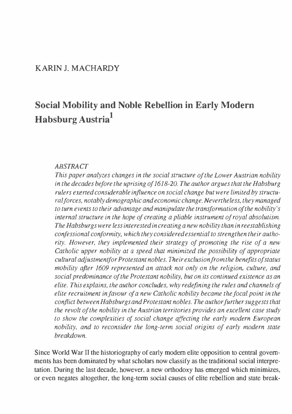 Social Mobility and Noble Rebellion in Early Modern Habsburg Austria1