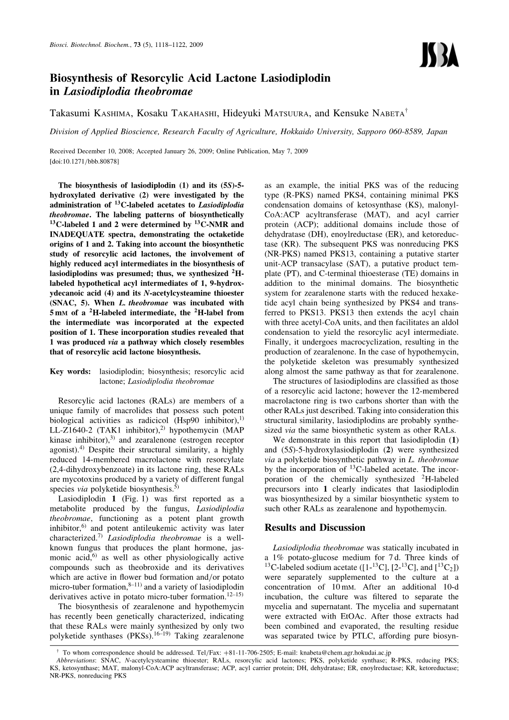 Biosynthesis of Resorcylic Acid Lactone Lasiodiplodin in Lasiodiplodia Theobromae