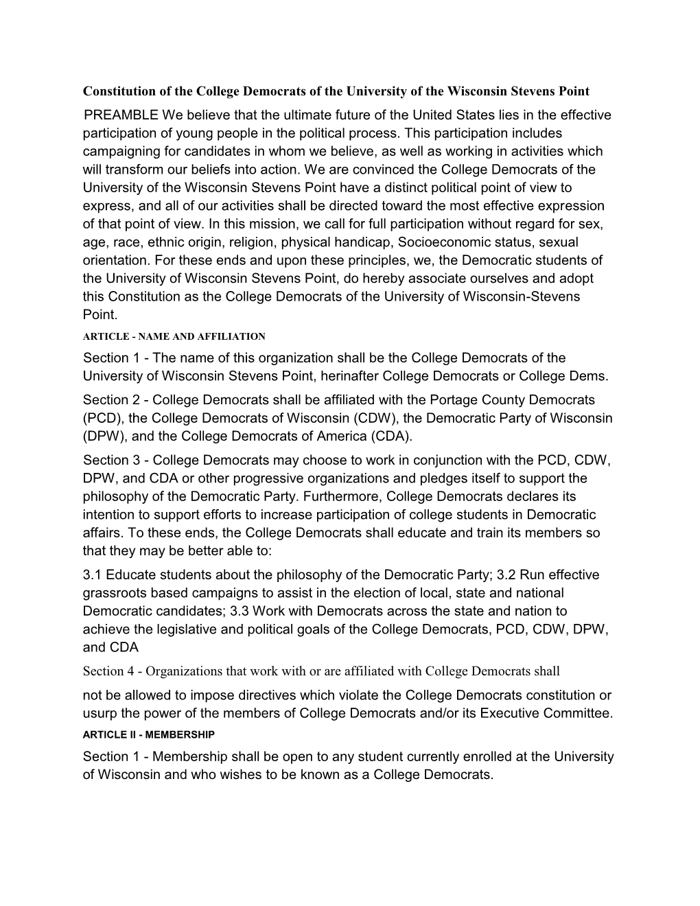 Constitution of the College Democrats of the University of the Wisconsin