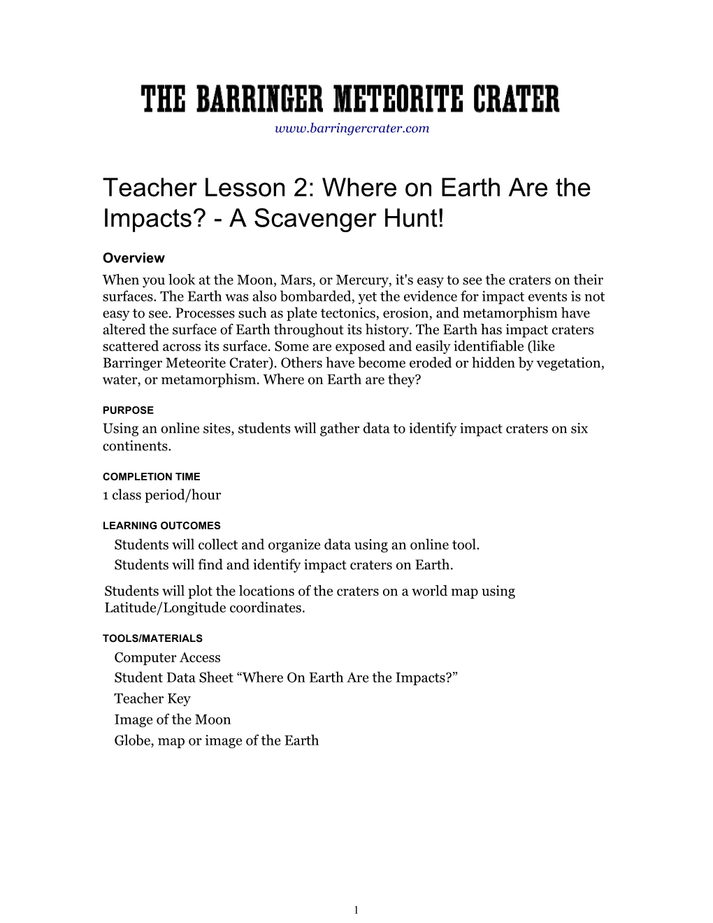 Teacher Lesson 2: Where on Earth Are the Impacts?Анаa Scavenger