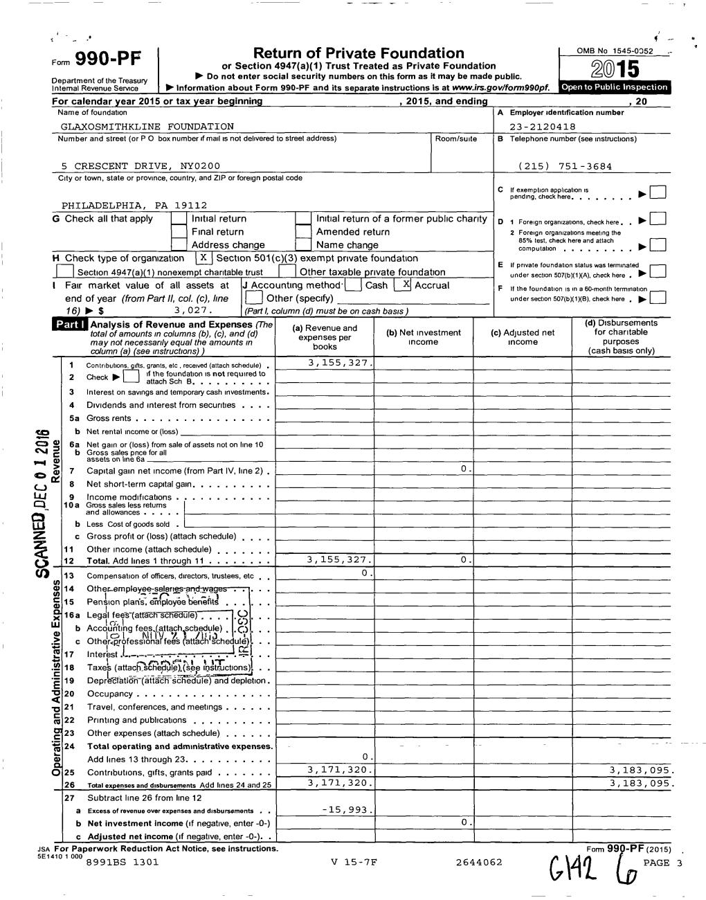 Fom, 990-PF Or Section 4947(A)(1) Trust Treated As Private Foundation Do Not Enter Social Security Numbers on This Form As It May Be Made Public