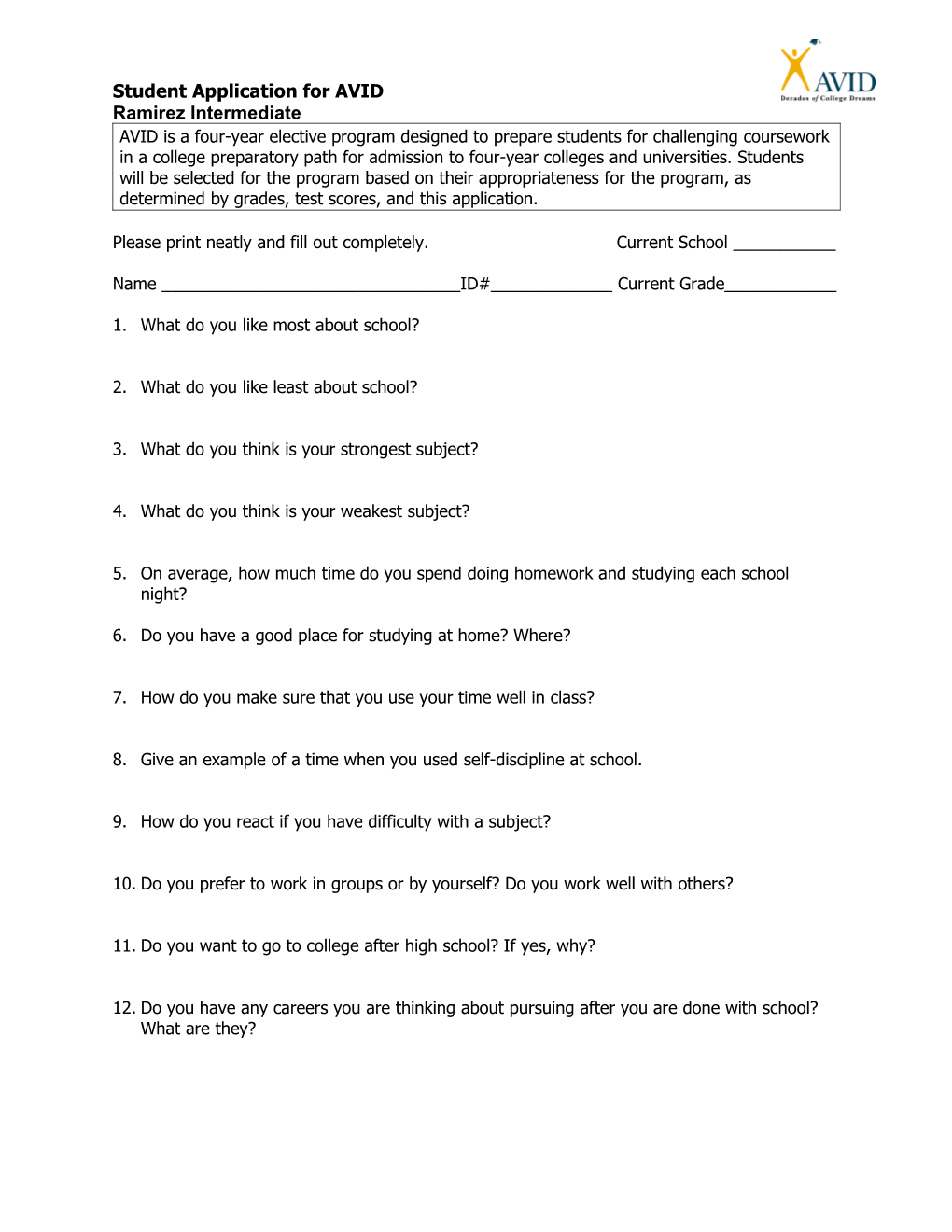 Student Application for AVID