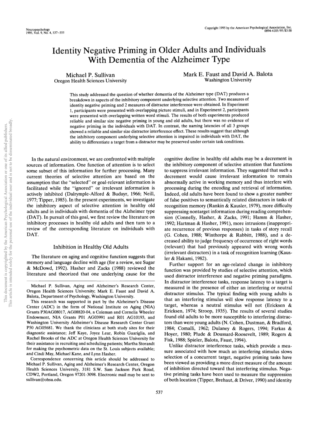 Identity Negative Priming in Older Adults and Individuals with Dementia of the Alzheimer Type