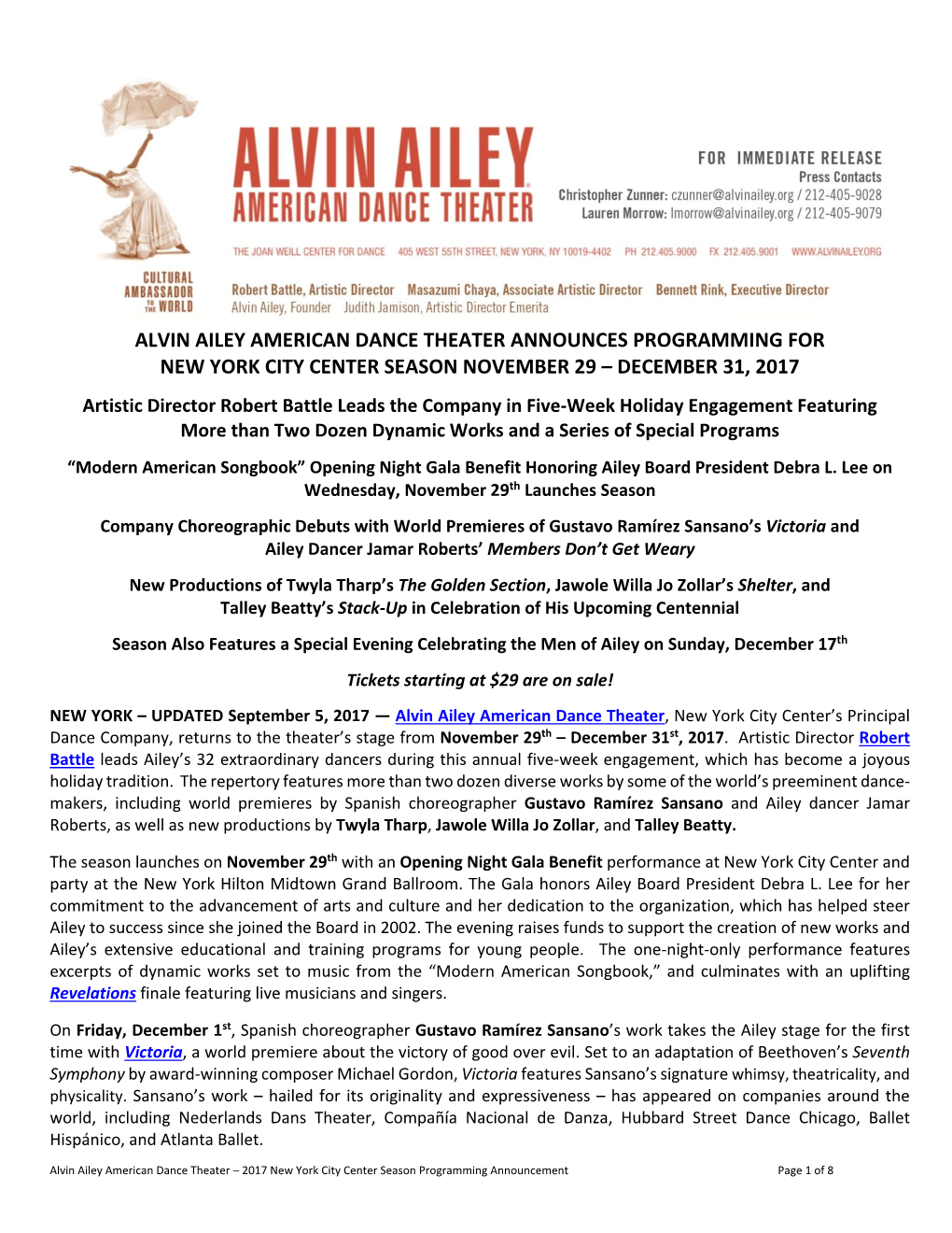 Alvin Ailey American Dance Theater Announces Programming for New York City Center Season November 29 – December 31, 2017