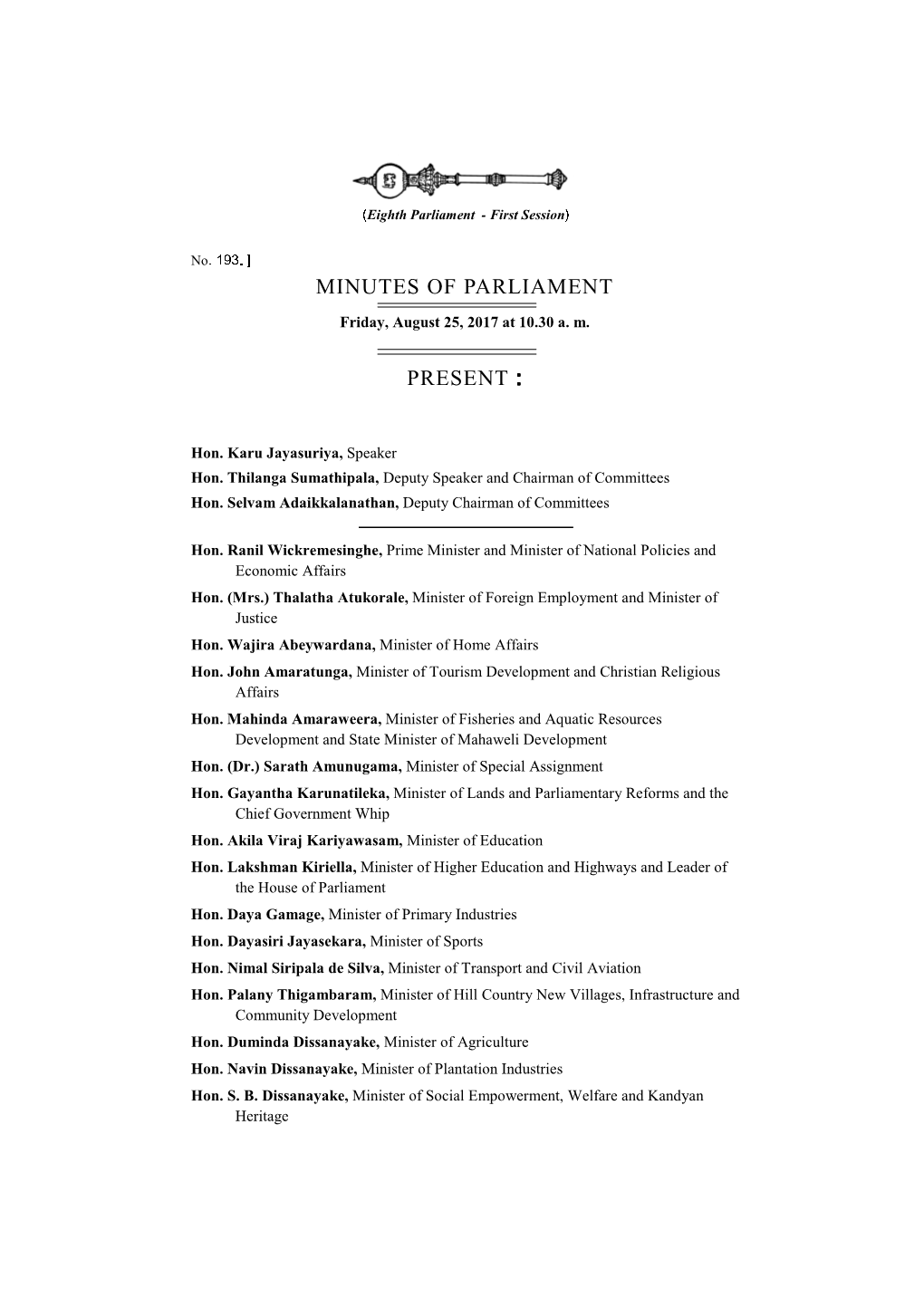 Minutes of Parliament Present