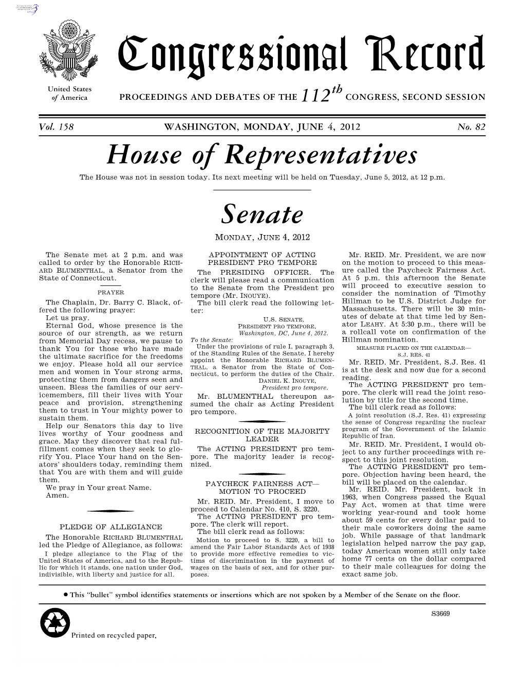 Congressional Record United States Th of America PROCEEDINGS and DEBATES of the 112 CONGRESS, SECOND SESSION