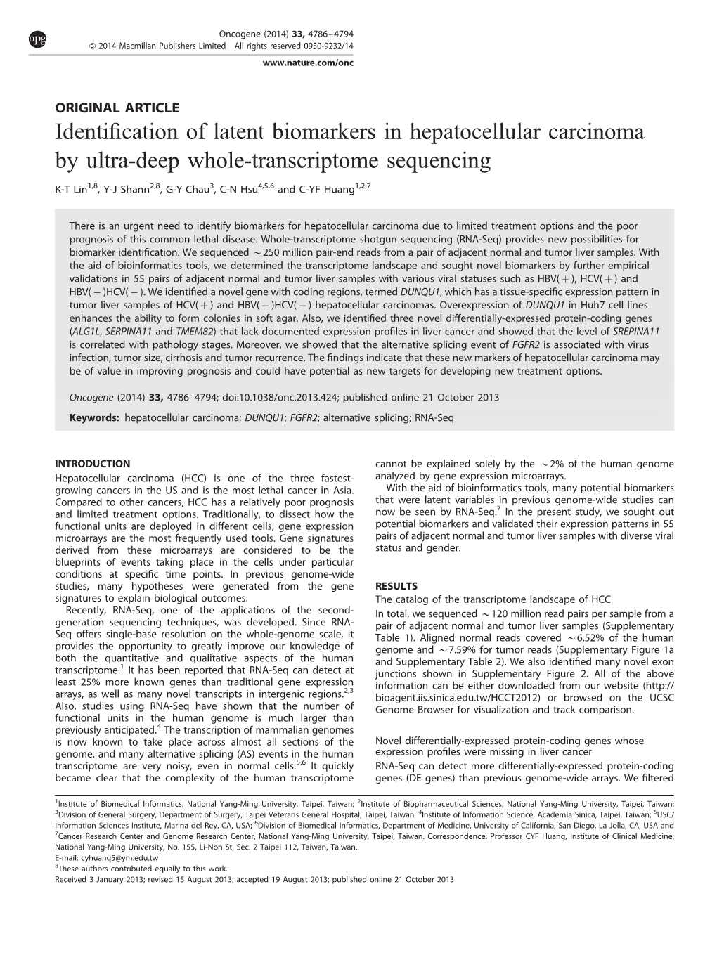 Identification of Latent Biomarkers in Hepatocellular Carcinoma by Ultra