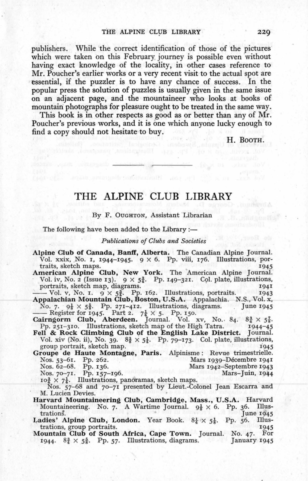 Library :­ Publications of Clubs and Societies Alpine Club of Canada, Banff, Alberta