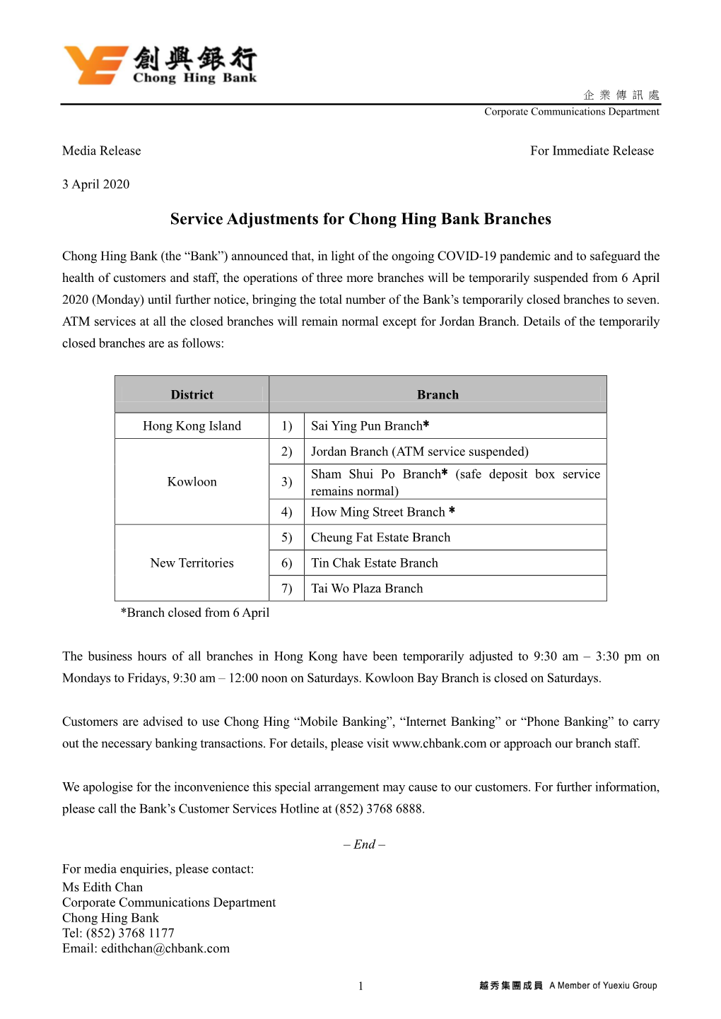 Service Adjustments for Chong Hing Bank Branches