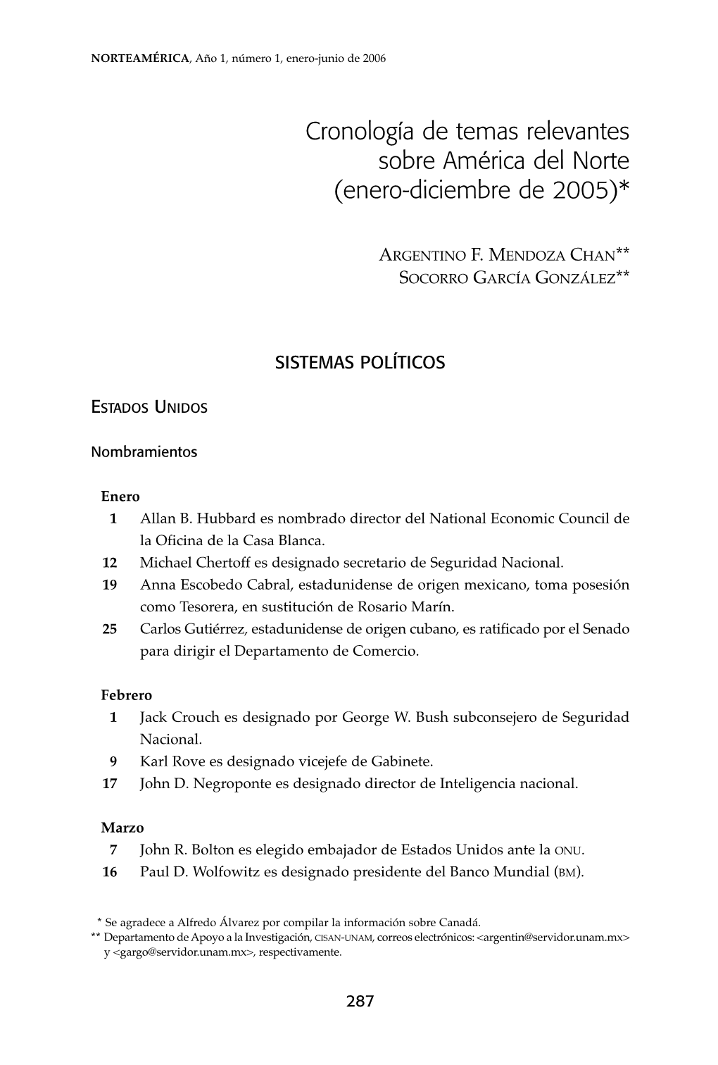 Cronología De Temas Relevantes Sobre América Del Norte (Enero-Diciembre De 2005)*