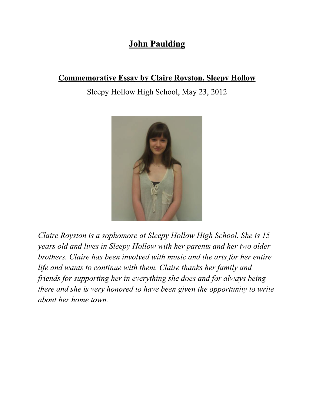 John Paulding Commemorative Essay by Claire Royston