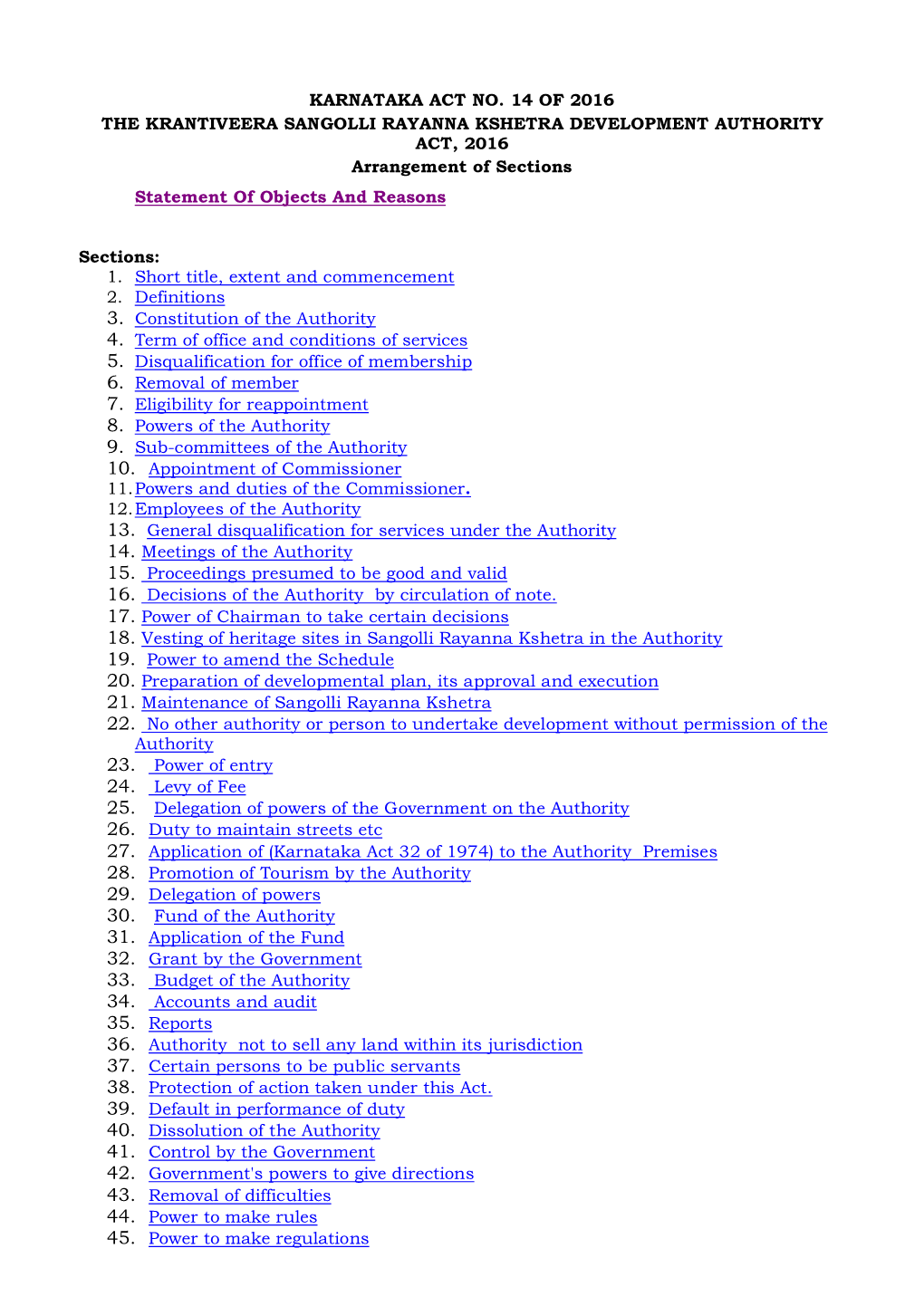 KARNATAKA ACT NO. 14 of 2016 the KRANTIVEERA SANGOLLI RAYANNA KSHETRA DEVELOPMENT AUTHORITY ACT, 2016 Arrangement of Sections Statement of Objects and Reasons