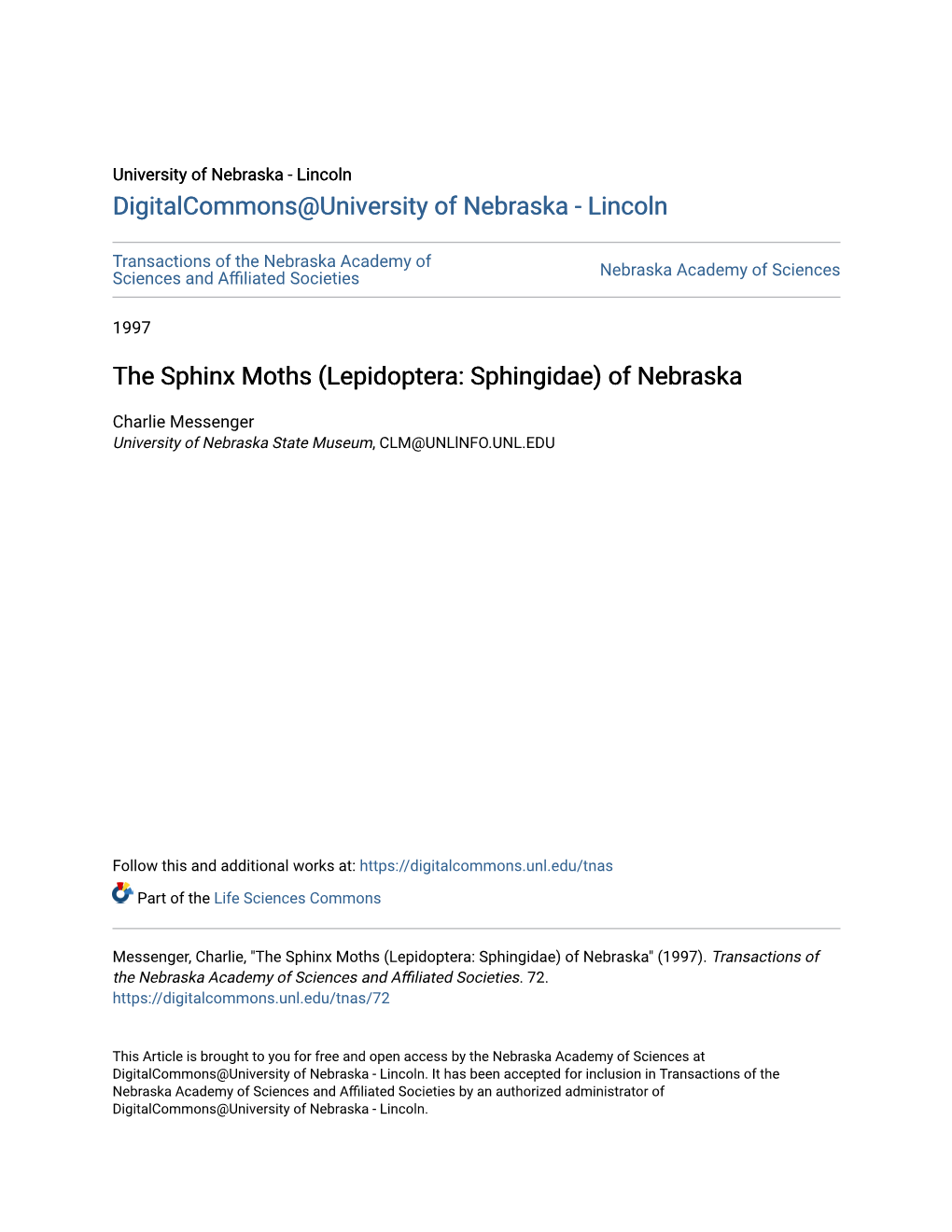 The Sphinx Moths (Lepidoptera: Sphingidae) of Nebraska