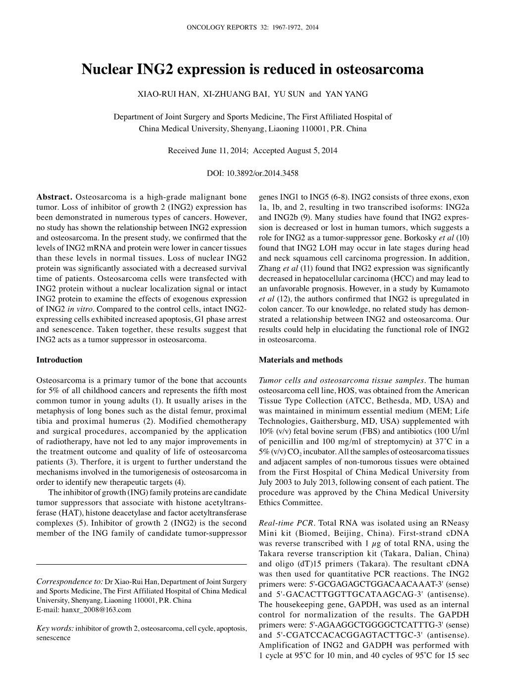 Nuclear ING2 Expression Is Reduced in Osteosarcoma