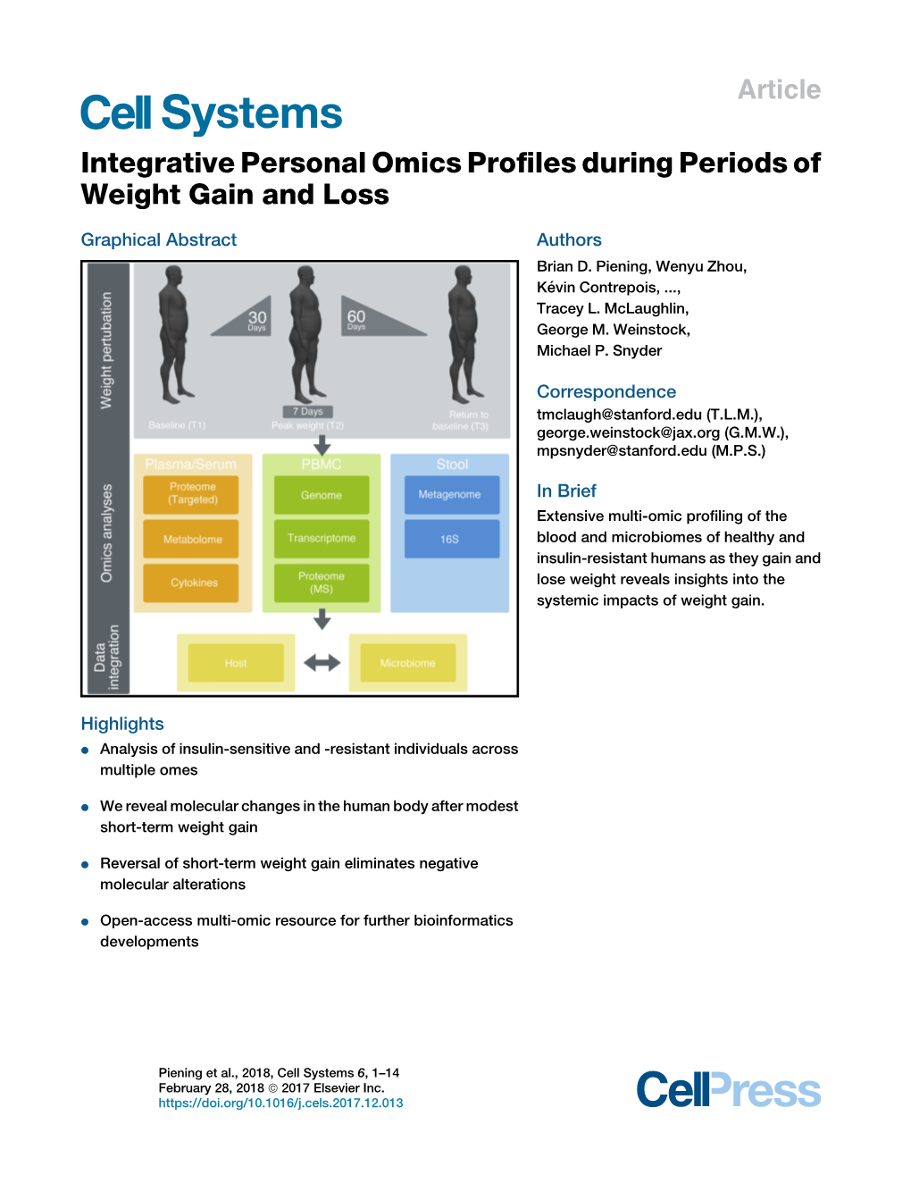 Integrative Personal Omics Profiles During Periods of Weight Gain And