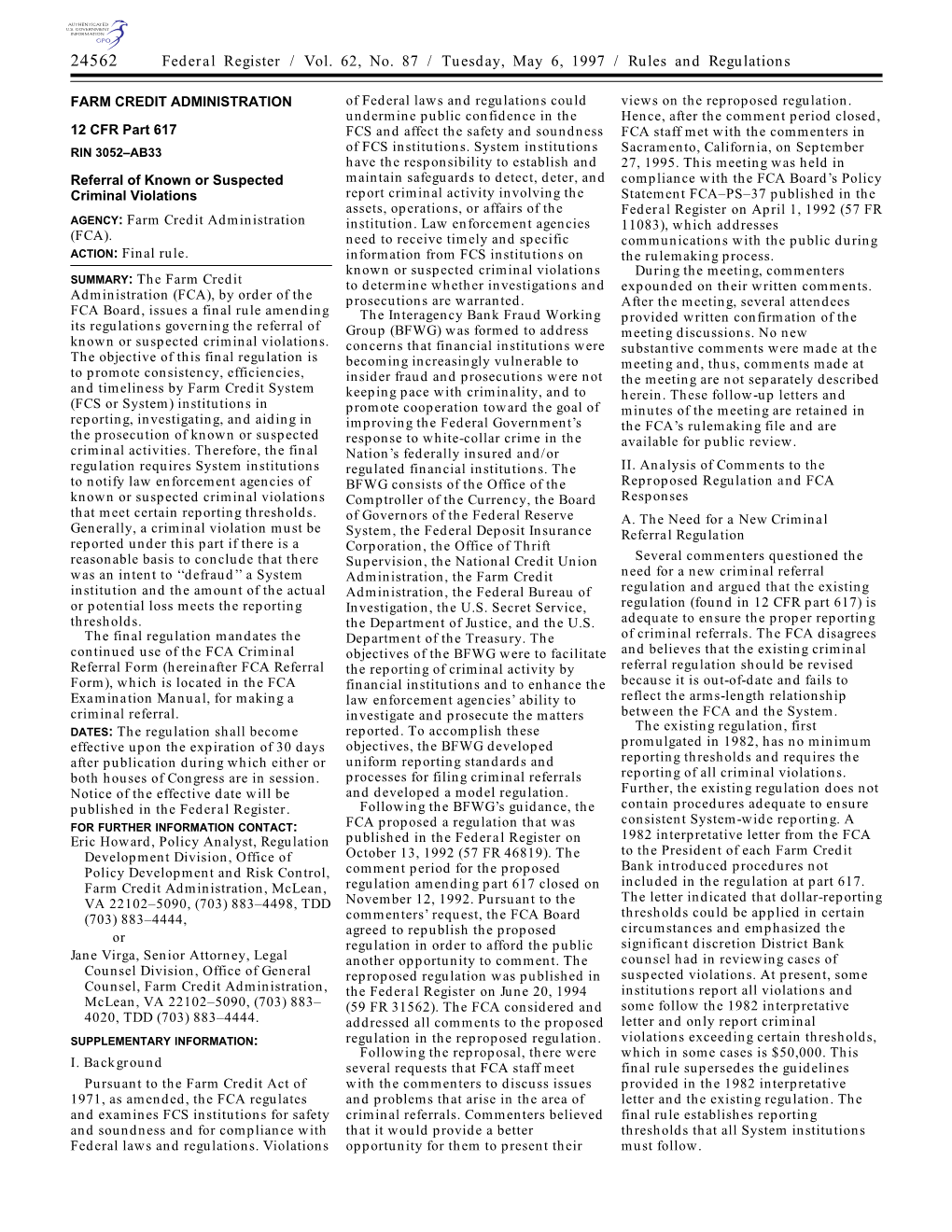 Federal Register / Vol. 62, No. 87 / Tuesday, May 6, 1997 / Rules and Regulations